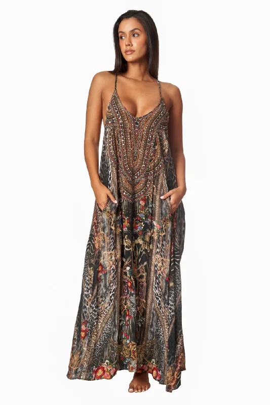 Eclectic Jungle T-back Maxi Dress with Front Pockets