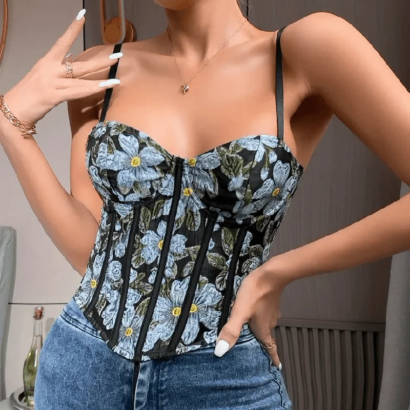 KittenAlarm - Jolene Spaghetti Strap Floral Crop Corset Top