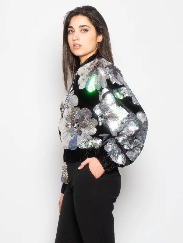 Bomber in Velluto con Paillettes Nero