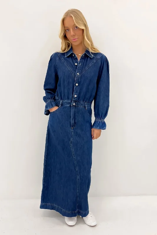 Macey Denim Maxi Dress Mid Blue