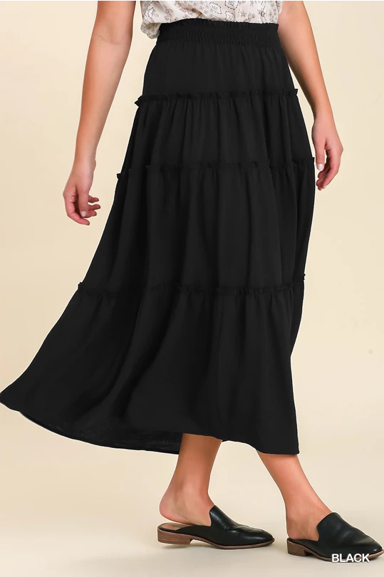 Black Tiered Maxi Skirt with Ruffle Hem