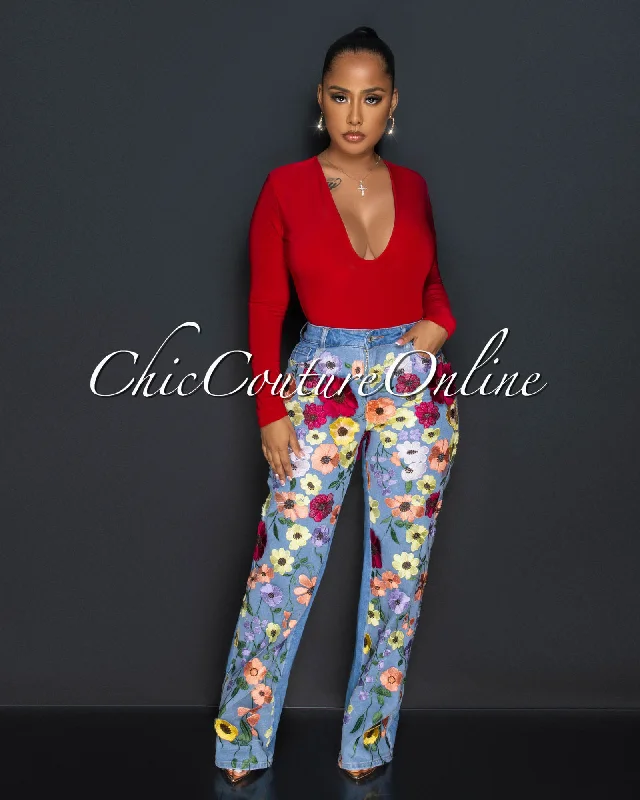 Alexus Light Denim Multi-Color Floral Applique Jeans