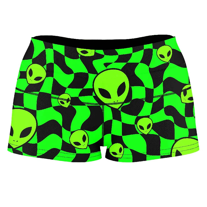 Green Aliens High-Waisted Women's Shorts