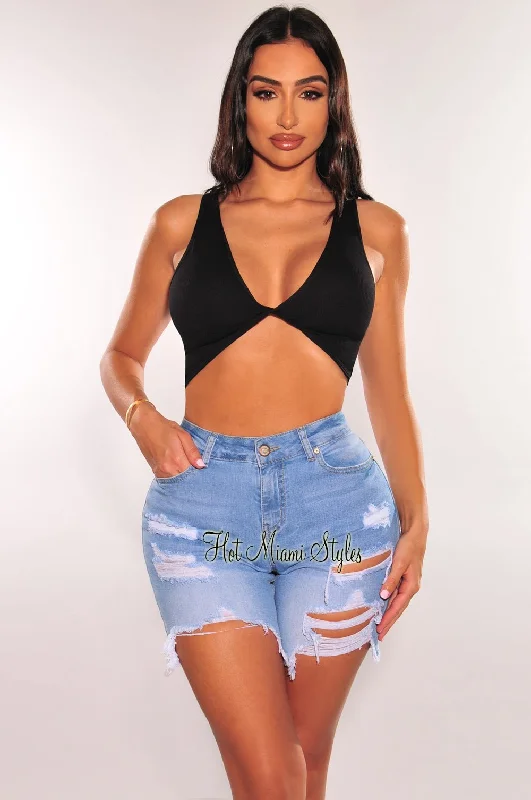 Light Denim High Waisted Destroyed Frayed Hem Biker Shorts