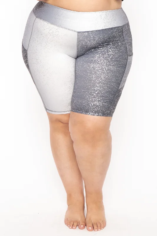 Plus Size Tie Dye Foil Biker Short  -Silver