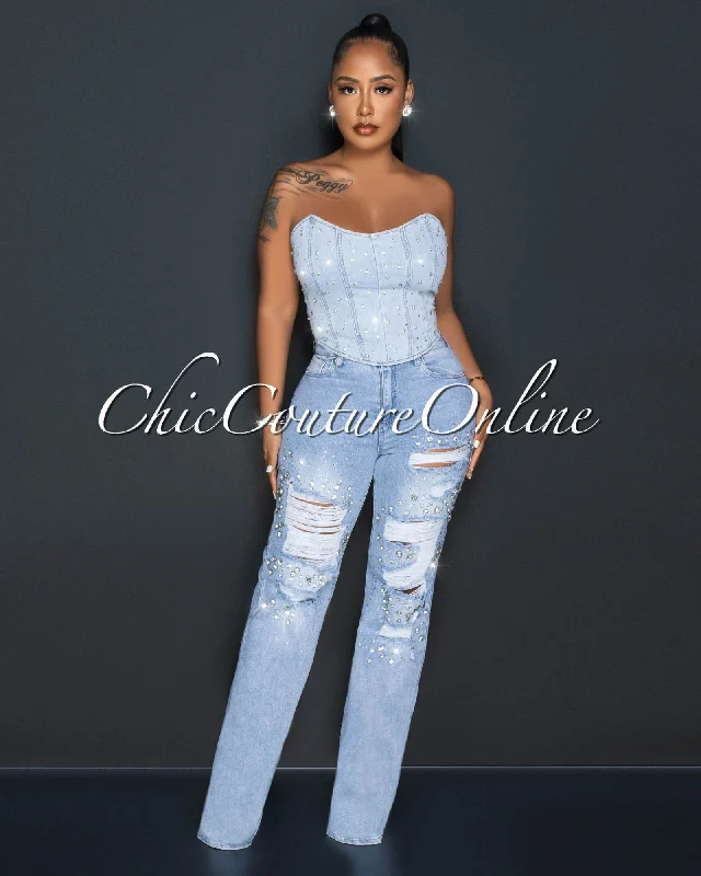 Salina Light Denim Rhinestones Distressed Jeans