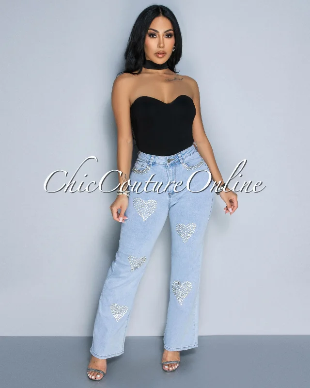 Shaila Light Denim Rhinestones Hearts Wide Legs Jeans