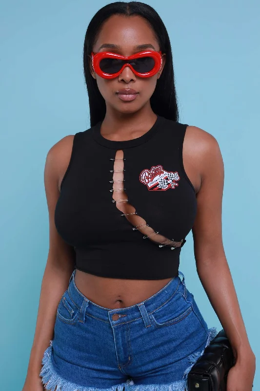 Speed Racer Embellished Graphic Crop Top - Black